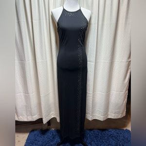 Black Open Back Sheath Dress with Bedazzled Side Slit